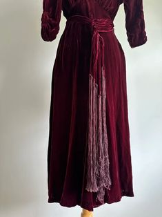 Vintage Semi Antique 1930s Silky Velvet Wine Burgundy Bordeaux Dress, Formal Gown, Long Fringed Tie - Etsy Elegant Floor-length Evening Dress With Fringe, Vintage Burgundy Dress For Evening, Vintage Burgundy Evening Dress, Burgundy Vintage Evening Dress, Vintage Long Dresses For Formal Occasions, Velvet Burgundy Dress, Suit For A Wedding, Bordeaux Dress, Burgundy Velvet Dress