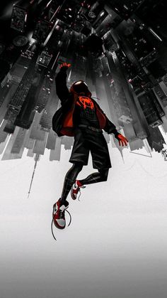 a man flying through the air while wearing a red jacket and black pants in front of a cityscape