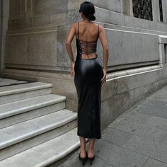 F00246320-103 Elegant Strappy Bodycon Dress, Backless Halter Dress, Summer Fashion Women, Halter Dress Summer, Short Sleeve Summer Dresses, Strap Dresses, Faux Leather Dress, Split Maxi Dress, Sling Dress