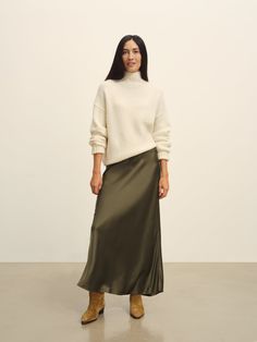 Bias-cut Korean silk skirt with an easy, uncomplicated fit. | Buck Mason Women's Sunset Silk Slip Skirt in Field Olive, Size Medium Skirt Boots Outfit, White Slip Skirt, Silk Slip Skirt, Buck Mason, Fall Outerwear, Italian Dress, Denim Short Dresses, Skirts With Boots, Slip Skirt