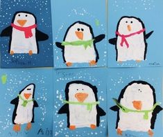 four pictures of penguins with green ribbon around their necks, one penguin is wearing a scarf