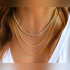 16in Tennis Necklace. She's Gorgeous! Just A Little Shorter Than I Wanted. Brand New In Box! Gold Tone Hardware. Perfect For Stacking! Gold Clavicle Chain Tennis Necklace For Gift, Gold Tennis Necklace For Gift, Fine Jewelry Style, Gold Fine Jewelry Tennis Necklace For Gift, Gold Tennis Necklace For Gift, Gold Tennis Necklace With Delicate Chain As Gift, Diamond Necklace With Box Chain For Gift, Dainty Gold Tennis Necklace For Gift, Fine Jewelry Tennis Necklace With Adjustable Chain As Gift, Box Chain Necklaces For Jewelry Making