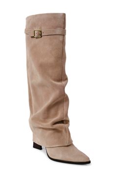 A slouchy, fold-over shaft enhances the modern allure of a knee-high boot styled with a pointy toe and tapered block heel. 3" heel 13" shaft; 10" calf circumference Cushioned footbed Leather upper, lining and sole Imported Style Cowgirl Boots Outfits, Winter Boots Heels, Expensive Wishlist, Foldover Boots, Neutral Boots, Dust Bunny, High Boots For Women, Cowgirl Boots Outfit, Classy Fall Outfits