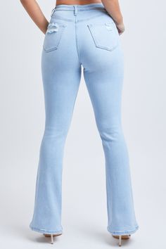 Introducing our first ever… Hybrid Denim! Our Dream Collection is everything you have ever wanted in your denim. 100% Cotton, perfect distressed, rigid denim on the front and comfortable, butt-hugging, stretch denim on the back. Simply put, these Women's Vintage Dream High-Rise Flare Jeans will give you the best of both worlds. Featuring a high-rise, flare fit, classic five-pocket construction, trending distressed pockets, single-button closure with front zip, artful destruction at knees, and be Stretch High-rise Flare Jeans, High Rise Stretch Denim Flare Jeans, Stretch High Rise Denim Flare Jeans, Trendy Light Wash Flare Jeans, Fitted Ripped Jeans In Rigid Denim, Mid-rise Stretch Flare Jeans, High Rise Medium Wash Flare Jeans, Mid-rise Stretch Denim Flare Jeans, High Rise Medium Wash Denim Flare Jeans