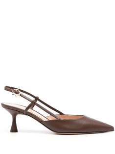 chocolate brown calf leather mid hourglass heel pointed toe signature gold-tone Ribbon buckle branded leather insole leather sole buckle-fastening slingback strap Slingback Mules, Fun Shoes, Rossi Shoes, Spool Heel, Twinkle Toes, High Quality Shoes, Slingbacks, Crossbody Tote, Slingback Pump