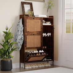 a wooden shoe rack with shoes on it next to a potted plant and mirror