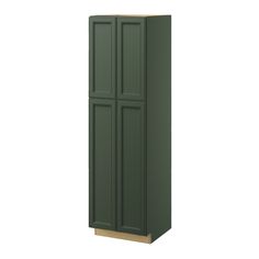 a tall green cabinet with two doors on one side and an open door on the other