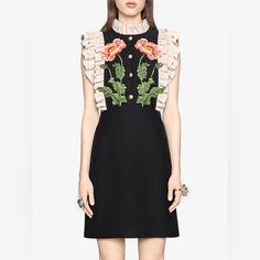 Gucci Black Floral Embroidered Wool Silk Dress With Beautiful Big Buttons, And Ruffled Details. It’s Brand New Without Tags, And It Was Never Worn. It Is Listed As A Size 38 But Runs Small. Embroidery Flower Dress, Flower Embroidered Dress, 2017 Runway, Gucci Floral, Gucci Dress, Shift Dresses, Embroidered Wool, Floral Embroidered Dress, Runway Dresses