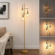 the floor lamp is lit up with bulbs