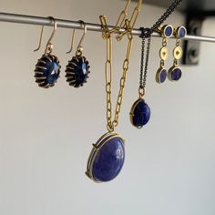 Deep royal blue and opulent gold make a perfect match in these lithe triple drops. 18k & 14k green gold Lapis lazuli Circles are graduated in size from 6mm (1/4") in diameter to 8mm (5/16") diameter Earrings hang 1 1/16" from the ear Gold Teardrop Cabochon Jewelry, Yellow Gold Cabochon Drop Earrings, Classic Round Lapis Lazuli Jewelry, Elegant Cabochon Sapphire Jewelry, Elegant Sapphire Cabochon Jewelry, Luxury Royal Blue Jewelry, Gold Teardrop Jewelry With Bezel Setting, Timeless Teardrop Bezel Set Jewelry, Classic Lapis Lazuli Yellow Gold Jewelry