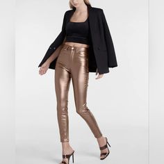 Express Jeans Metallic High-Waisted Faux Leather Skinny Pants In Brass/Copper Sleek Metallic Bottoms, Glamorous Fall Leggings, Sleek Fitted Metallic Bottoms, Trendy Metallic Leggings For Night Out, Fitted Metallic Leggings For Fall, Glamorous Fitted Leggings For Fall, Trendy Metallic Leggings For Fall, Fall High Rise Fitted Leather Pants, Metallic Straight Leg Leather Pants For Night Out