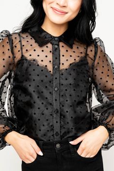 Elegant Sheer Mesh Blouse, Chic Mesh Blouse With Sheer Sleeves, Polka Dot Swiss Dot Tops For Fall, Lace Tops With Mesh Sleeves For Party, Chic Long Sleeve Mesh Blouse, Polka Dot Tops For Spring Night Out, Spring Polka Dot Tops For Night Out, Fitted Swiss Dot Tops For Fall, Spring Lace Tops With Mesh Sleeves