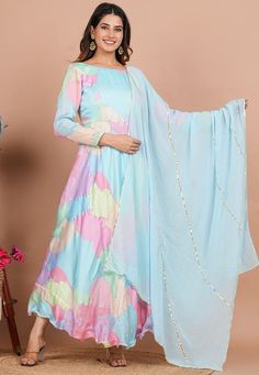 Readymade Satin Georgette A Line Kameez in Sky Blue and Multicolor. This Round Neck and Full Sleeves attire with Cotton Lining is Enhanced With Pockets, Side Zip, Golden Zari Lines, Digital Print and Gota Lace Border Available with a Shantoon Churidar in Sky Blue and a Faux Chiffon Dupatta in Sky Blue The Kameez and Bottom Lengths are 54 and 52 inches respectively Do Note: Accessories shown in the image are for presentation purposes only and length may vary upto 2 inches.(Slight variation in act Multicolor Anarkali Palazzo Set With Long Sleeves, Multicolor Long Sleeve Anarkali Set With Dupatta, Spring Multicolor Palazzo Set With Dupatta, Blue Anarkali Kurta For Spring, Semi-stitched Blue Long Sleeve Anarkali Set, Blue Anarkali Set For Spring Festive, Spring Festive Blue Anarkali Set, Multicolor Semi-stitched Long Sleeve Sets, Multicolor Long Sleeve Anarkali Set For Eid