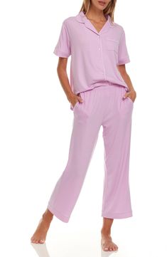 A matching pajama set ensures even your bedtime wardrobe is chic! 26" length; 11" rise, 26" inseam (size Small) Top has front button closure; notched collar; short sleeves Pants have elastic waist 62% polyester, 33% rayon, 5% spandex Machine wash cold, tumble dry Imported Matching Pajama Set, Matching Pajama, Flora Nikrooz, Mario Valentino, Matching Pajamas, Designer Crossbody Bags, Contemporary Outfits, Sweaters And Leggings, Sandals Brands