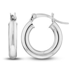 Dynamic 15mm hollow round tubes are polished to a high shine in these classic women's hoop earrings. Fashioned in 14K white gold, the earrings secure in place with hinged backs. Classic Small Hoop Huggie Earrings With Polished Finish, Classic Huggie Earrings With Spring Ring Clasp For Anniversary, Classic Huggie Hoop Earrings, Classic Small Hoop Earrings With Shiny Finish, Classic Round Huggie Earrings With Shiny Finish, White Gold Huggie Earrings With Lever Back, Classic Silver Huggie Earrings, Classic Round Huggie Earrings, Classic White Gold Huggie Earrings