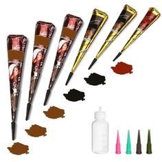 PRICES MAY VARY. 🎨Durable Waterproofing: Different colors of products have different storage time. Duration varies from 5 to 8 days. And the tattoo will be lightened as time goes. After drying, it can be waterproof, but it also can be easily removed by rubbing body oil or olive oil. 🎨Package Includes: The package includes 6pcs tattoo paste cones(3 Brown, 2 Black,1 Red), 1pc Bottle, 4pcs Nozzles and 20 pcs cool design tattoo stickers perfectly match your body anywhere. Temporary tattoos can be Henna Tattoo Kit, Tattoo Power Supply, Adhesive Stencils, Tattoo Kits, Diy Trends, Semi Permanent Tattoo, Henna Tattoo Designs, Tattoo Set, Permanent Tattoo