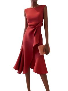 Red Sleeveless Midi Elegant Dress with Waist Twist for Day-to-Night Midi Elegant Dress, Boat Neck Dress, Ruched Midi Dress, Crewneck Dress, Midi Short Sleeve Dress, Looks Chic, Mother Of Bride, Types Of Dresses, Ruched Dress