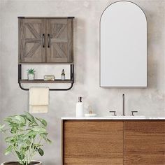 a bathroom with a sink, mirror and potted plant