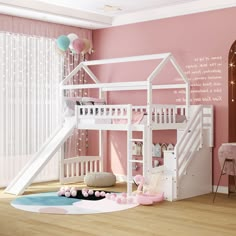 a child's bedroom with a white bunk bed and pink walls, decorated with balloons