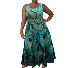 Beautiful Peacock Feather Printed Tank Top Maxi Dress Plus Size: 5xl Please Refer To Images For Measurement Details. I Think It Would Easily Also Fit A 4xl. Ankle Length Or Maxi Depending On Your Size & Built Sleeveless Rounded Neckline Flattering Vibrant Beautiful Colors Floor Or Ankle Length Depending On Your Height Medium Stretch Soft Material 95% Polyester 5% Elastane Machine Wash - Do Not Dry Clean Maxi Tank Dress, Feather Print, Plus Size Maxi Dresses, Peacock Feather, Printed Tank Tops, Sleeveless Tank, Ankle Length, Plus Size Dresses, Beautiful Colors