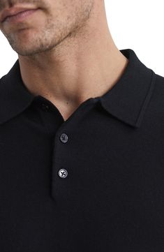 Fine-gauge wool provides luxe comfort in a trim polo knit with long sleeves that layers easily and looks splendid on its own. 26 1/2" length (size Medium) Point collar Long sleeves 100% wool Dry clean or hand wash, dry flat Imported Formal Cashmere Polo Sweater With Ribbed Collar, Elegant Business Polo Sweater With Polo Collar, Elegant Business Polo Sweater With Collar, Elegant Business Polo Sweater, Black Collared Polo Sweater For Winter, Black Polo Collar Sweater For Work, Formal Long Sleeve Cashmere Polo Sweater, Formal Wool Sweater With Ribbed Collar, Formal Merino Wool Sweater With Ribbed Collar