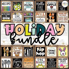 the holiday bundle includes many different font styles and colors, including black, white, pink, blue, green, orange