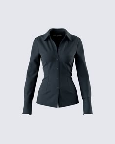 Let it be known that you mean business when you wear this black fitted shirt 🖤 With a button up placket, a slim fit, and an oversized sleeve cuff - this crepe fabric top will instantly get you that promotion you deserve 😜 Cinched Button Up, Business Casual Inverted Triangle, Affordable Calvin Klein Long Sleeve Blouse, Fitted Cotton Shirt, Fitted Button Up, Black Button Down, Black Button Up, Fitted Shirt Outfit, Finesse Clothing