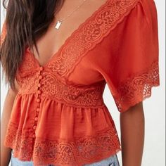 Brand New With Tags Size M Gorgeous Button Detail Silky Material Lace Lined Bohemian Summer Tops With Buttons, Trendy Tops With Button Closure For Brunch, Bohemian Summer Top With Button Closure, Feminine Buttoned Tops For Vacation, Feminine Tops With Buttons For Vacation, Feminine Vacation Tops With Buttons, Feminine Buttoned Tops For Beach, Feminine Buttoned Tops For The Beach, Feminine Button-up Tops For Vacation