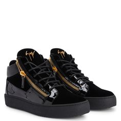 Mid-top lace-up sneakers in velvet and patent leather with two side zips and rubber sole. Guissepe Zanotti, Blue German Shepherd, Givenchy Jacket, Zanotti Sneakers, Givenchy Tshirt, Versace Jacket, Louboutin Bags, Giuseppe Zanotti Sneakers, Off White Jacket