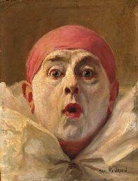 a painting of a man wearing a pink headband