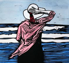 a drawing of a man standing in the water with his hands on his head and looking into the distance