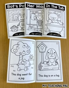 three books with pictures of dogs and their names on them, both in black and white