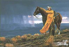 a painting of a man riding on the back of a brown horse with a yellow blanket