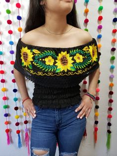 Mexican Tops, Mexican Outfits, Mexican Top, Mexican Sunflower, Mexican Shirts, Mexican Outfit, Elastic Top, Quince Ideas, Blouse For Women