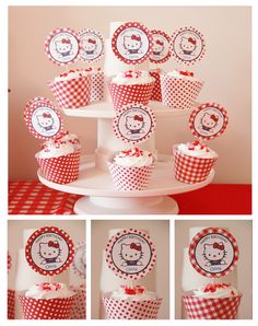 hello kitty cupcakes are arranged on a cake stand with red and white checkered paper