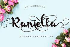 the word randela written in cursive script surrounded by pink flowers on a blue background