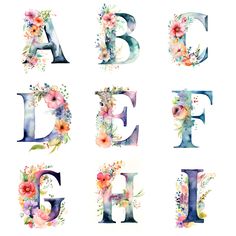 the letters are painted in watercolor and have flowers on each letter's side