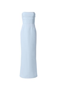 The strapless bodice of this faille style has exquisite pleated detailing for a polished look and sits atop a chic and statuesque column skirt. Shown in Ice. Amsale Ice Bridesmaid, Strapless Blue Bridesmaid Dresses, Light Blue Formal Gown, Elegant Bridesmaid Dresses Classy, Classic Bridesmaid Dresses, Baby Blue Bridesmaid, Powder Blue Bridesmaid Dress, Light Blue Bridesmaid Dress, Moh Dress