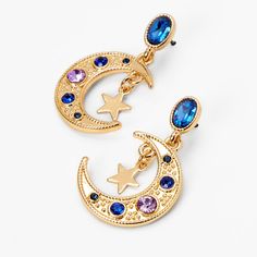 Claire's Gold 1" Crescent Moon Star Drop Earrings - Blue Blue Moon-shaped Earrings With Moon Charm, Blue Crescent Moon Charm Earrings, Blue Moon Shaped Earrings With Moon Charm, Blue Dangle Earrings With Moon Charm, Blue Moon Charm Earrings, Celestial Purple Dangle Earrings, Purple Celestial Dangle Earrings, Celestial Blue Pierced Earrings, Blue Celestial Dangle Earrings