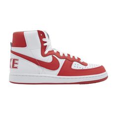 Find NIKE Comme Des Garçons Homme Plus X Terminator High on Editorialist. Launching as part of a collaborative three-piece pack, the Comme des Garçons Homme Plus x Nike Terminator High ‘Red’ dresses the retro silhouette in a simplistic two-tone color scheme that reflects the shoe’s college basketball roots. The all-leather upper features a white base with contrasting scarlet accents on the forefoot overlay, back tab, and Swoosh. An oversized Nike wordmark wraps around the heel of the right shoe, while ‘CDG’ is inscribed on the left shoe. Underpinning the sneaker is a traditional cupsole that pairs white sidewalls with a crimson herringbone-traction rubber outsole. Oversized Nike, Nike Terminator, Nike Basketball Shoes, Red Dresses, Nike Basketball, Terminator, College Basketball, Three Piece, Comme Des Garcons