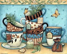 a painting of tea cups and saucers on a table with butterflies in the background