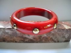 Vintage Bakelite Bangle Bracelet Red Bangle Metal Rivet Dots - Etsy Red Bangles, Bakelite Bracelets, Mid Century Boho, Bakelite Bangles, Soft Red, Vintage Bakelite, Upcycled Jewelry, Contemporary Jewelry, Vintage Wear