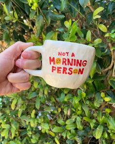 white mug with red 'not a morning person' across the front Writing On Ceramic Mugs, Ceramic Mugs With Words, Hand Pinched Mugs, Weird Ceramic Mugs, Positive Mugs, Morning Person, Nautical Pattern, Clay Paint, Painting Quotes