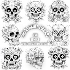 skulls with flowers on their heads and the words sugar skull live art written below them