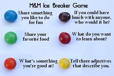 four different colored candies with the words m & m ice breaker game on them