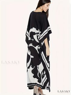 Lasaky - Premium Graphic Print Kaftan Dress: Sophisticated V-Neck Loose-Fit Maxi Dress for Womens Fashion Chic Printed V-neck Kaftan, Elegant V-neck Kaftan For Vacation, Black Printed V-neck Kaftan, Chic Printed Kaftan For Spring, Printed V-neck Maxi Dress For Daywear, Elegant Dress With Kimono Sleeves For Vacation, Chic Black V-neck Kaftan, Elegant Short Sleeve Spring Kaftan, Spring Evening V-neck Kaftan