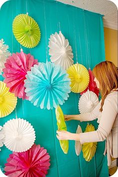 Sweet 16 Party. Plus make a Photo Booth and a Paper Lantern Chandelier. Mais Spring Dance, Photo Booth Ideas, Photos Booth, Party Deco, Plastic Tablecloth, Father Daughter Dance, Sweet 16 Parties, Paper Fans, Photo Booth Backdrop