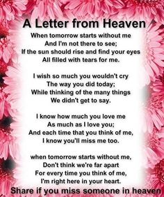 a poem written in pink flowers with the words,'a letter from heaven '