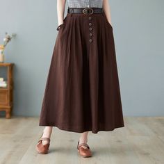 "★★FEATURES Cotton linen blend Button front skirt(the button can't be opened) Back elastic waistband Two side pockets Pleated skirt Regular fit A Line skirt Gathered skirt Perfect for Summer, Spring, Autumn Fabric swatch https://etsy.me/3lRLcF4 ★★ Models's button up shirts click https://etsy.me/3yczTe8 ★★ Model Size Height approx 162 cm (5′ 4″) Bust 84 cm (33\") Waist 66 cm (26\") She wears size XS. ★★ Please select custom order according to the follow situation Your height is not between 5'1\" Maxi Linen Skirt, Long Linen Pants, Clothes Capsule Wardrobe, Long Linen Skirt, Long Flowy Skirt, Autumn Outwear, Skirt A Line, Skirt High Waist, Pleated Maxi Skirt