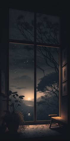 an open window with the night sky outside